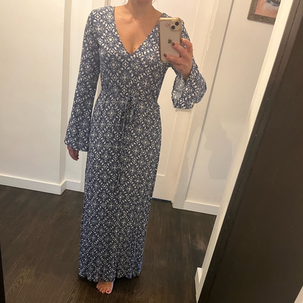 Lulu's Blue and White Ruffled A-line Gown